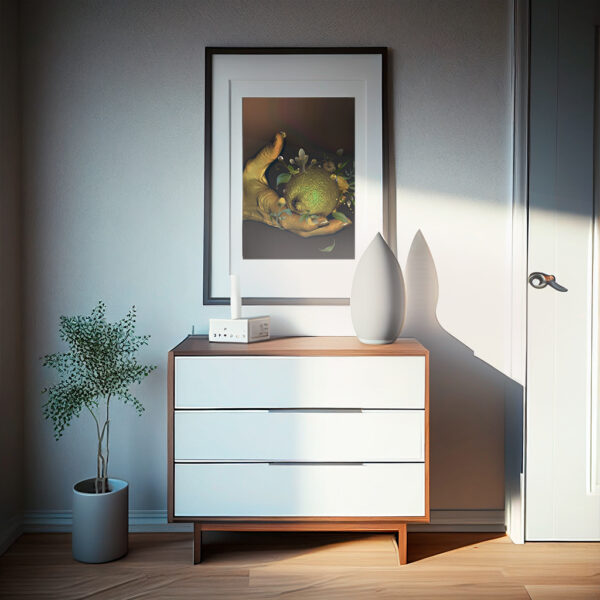 evergold art print with hand and lemon and plants n interior